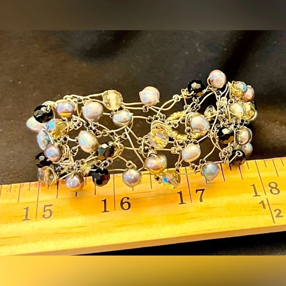 Vintage Handmade Wire Wrapped Bracelet Freshwater Pearl Aurora Borealis Bead Art